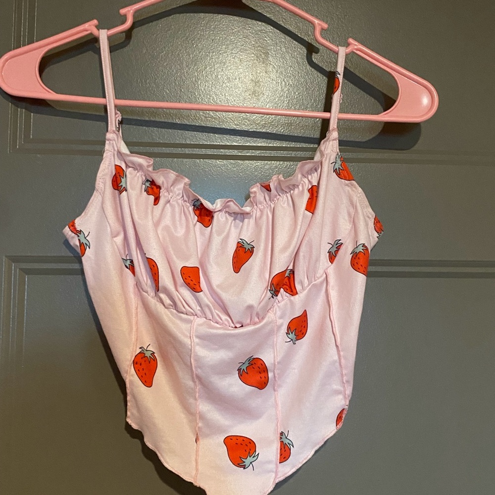 Pink Strawberry Print Satin Bandeau Top